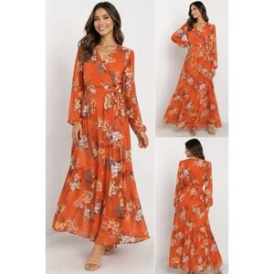Bar 111 Wrap Maxi Dress Women's M Floral Orange Long Sleeve Sheer Ruffle Boho